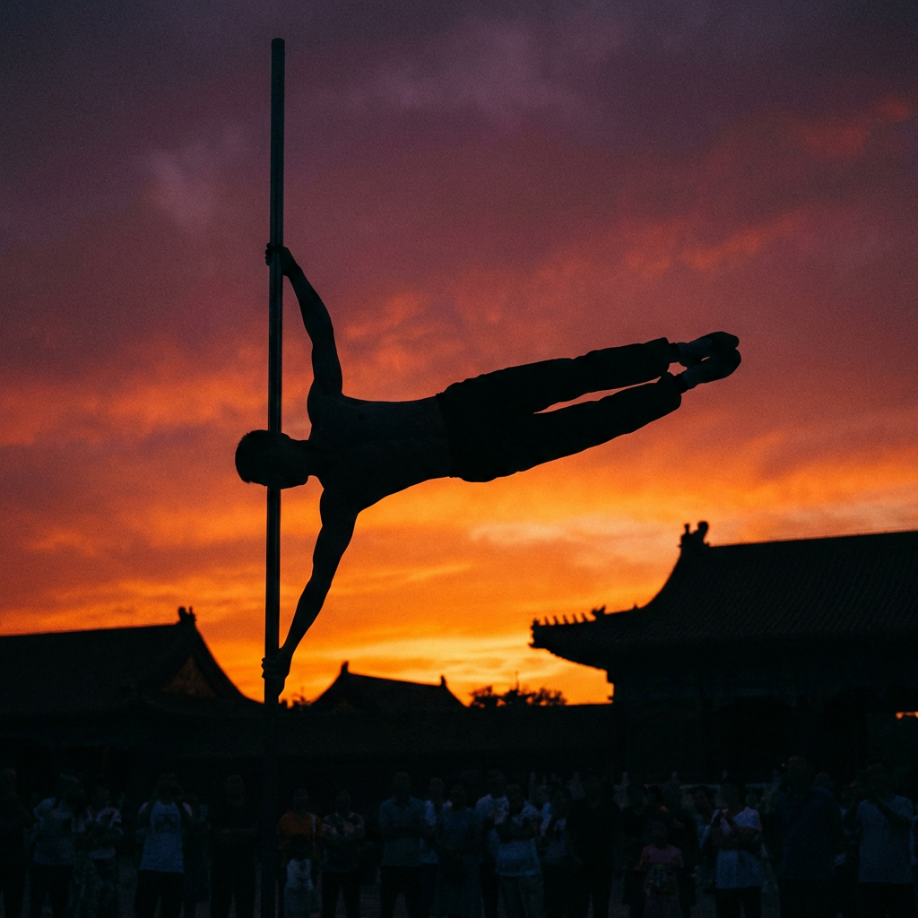Silhouette of a man performing a human flag on a pole during a sunset.